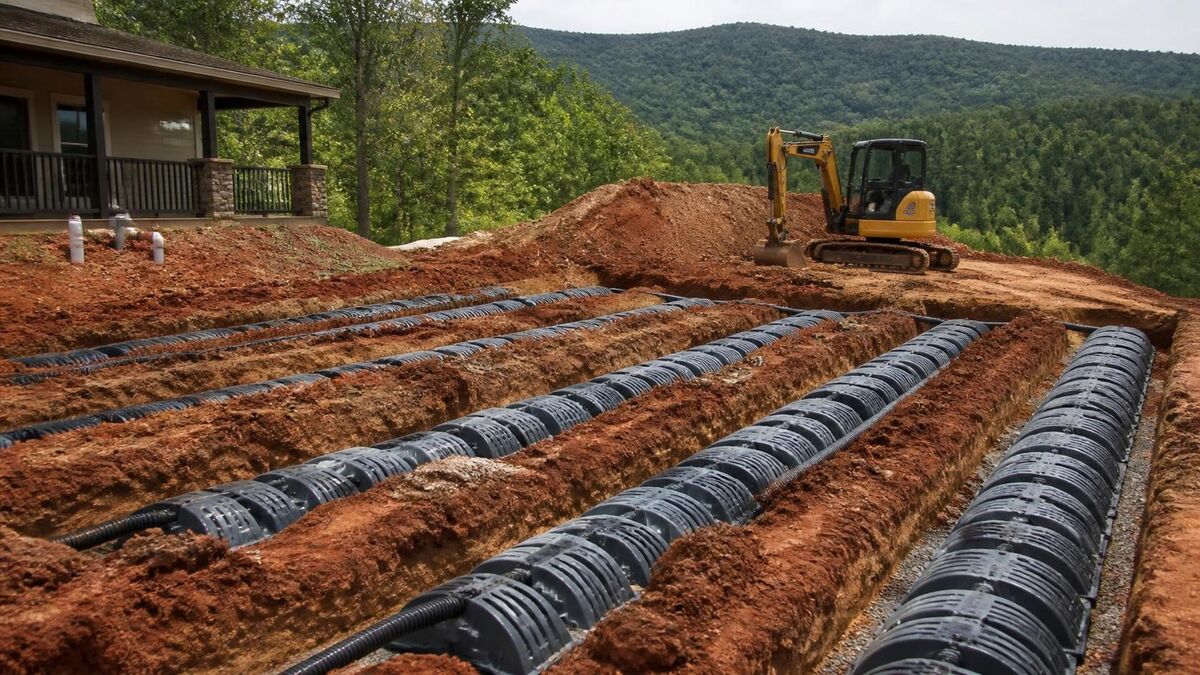 Parallel drain field trenches cut in red clay with black plastic leaching chambers laid in them and a small excavator beyond