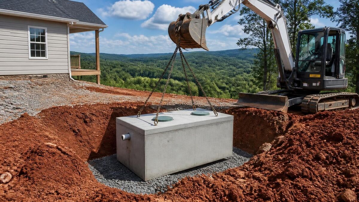 An excavator lowering a new precast concrete septic tank onto a gravel bed in a red clay hole beside a house