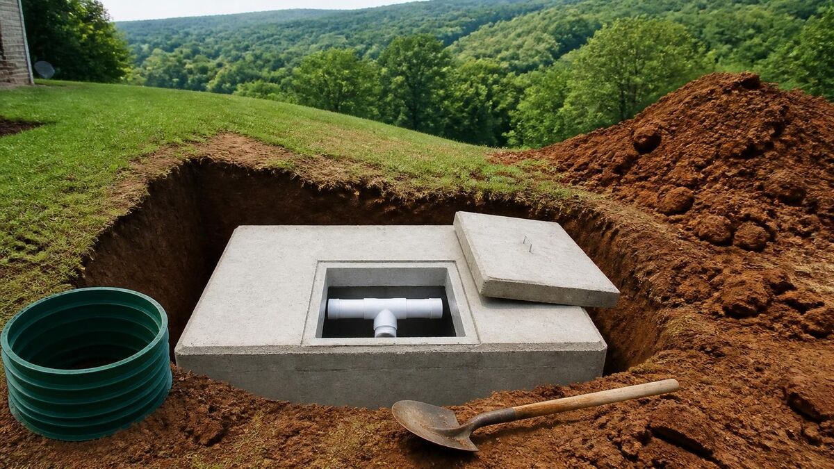 The exposed top of a concrete septic tank in a red clay excavation, access lid off and a white PVC tee baffle visible inside