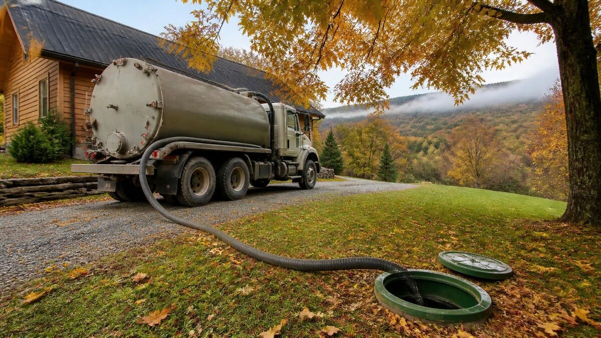 A septic pump truck in a driveway with its suction hose running across the lawn to an open green septic riser lid
